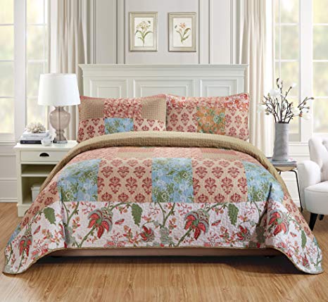 Fancy Linen 2pc Twin/Twin Extra Long Quilt Bedspread Set Over Size Bed Cover Squares Floral Beige Blue Rust Taupe Green White New