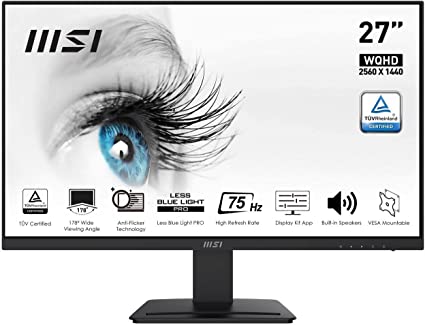 MSI Pro MP273QV, 27" Monitor, 2560 x 1440(QHD) VA, 75Hz, TUV Certified Eyesight Protection, 1ms, Displayport, HDMI, Tilt