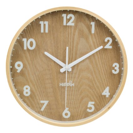 Hippih 12" Silent Wall Clock Wood Non Ticking Digital Quiet Sweep Home Decor Vintage Wooden Clocks(number)