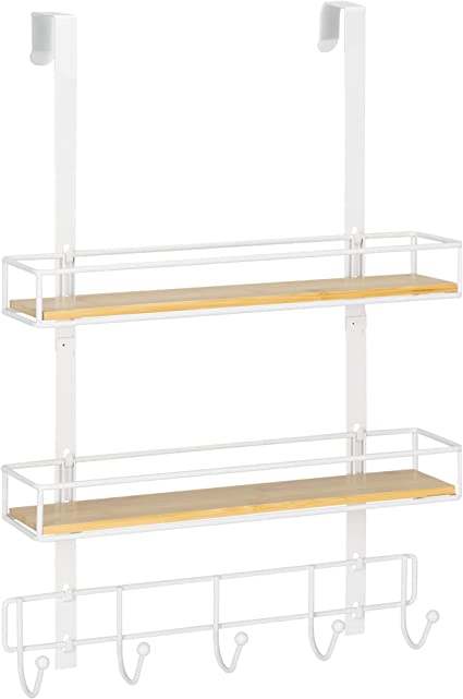 Navaris Over The Door Organizer - Metal and Bamboo Hanging Storage Rack with 2 Shelves and 5 Hooks - Shelf Hanger for Pantry, Bathroom, Closet - White