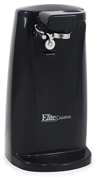 Elite Cuisine ERH-6101 Deluxe Extra Tall Electric Can Opener with Knife and Scissor Sharpener, Magnetic Latch, Black