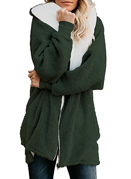 ReachMe Women's Oversized Full Zip Up Sherpa Hoodie Fleece Jacket with Pockets