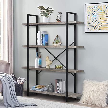 KINGSO Industrial 4-Tier Bookshelf Rustic Storage Rack Shelves with Wood Look and Metal Frame Book Shelf Furniture for Study Living Room Lounge Bedroom Office