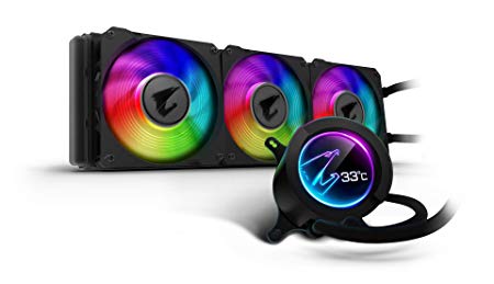 AORUS RGB AIO Liquid Cooler 360, 360mm Radiator, Triple 120mm Windforce PWM Fans, Customizable Full Color LCD Display, Advanced RGB Lighting and Control, Intel 115X/2066, AMD AM4, TR4