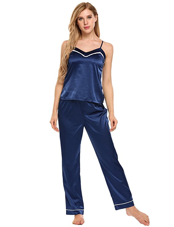 Bifast Women Sexy Satin Pajamas Set Sleeveless Cami Top Elastic Waist Long Pants Lounge Wear S-XXL