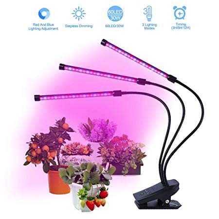 LED Grow Light for Indoor Plants, 30W 60Leds 3 Head Timing Grow Lamp Auto On/Off with Red/Blue Spectrum for Indoor Plants, Adjustable Gooseneck, 3/6/12H Timer, Stepless Dimming