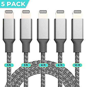 Sumee 5 Pack Lightning Cable 3ft 3ft 6ft 6ft 10ft Fast Charging Cable Durable Nylon Braided USB Charging Cord Compatible with iPhone Xs/XS Max/XR/X/8/7/6/5 iPad Mini/Pro/Air iPod