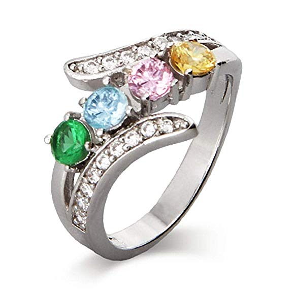 Sterling Silver Custom 4 Stone CZ Bypass Simulated Birthstone Mother's Ring, sizes 5 to 9
