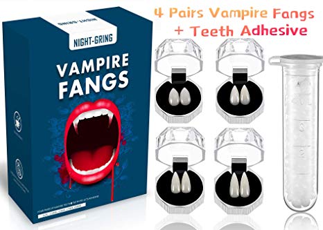 4 Pairs Vampire Fangs Fake Teeth Halloween Party Cosplay Prop Decoration and 1 Tube Teeth Pellets Adhesive