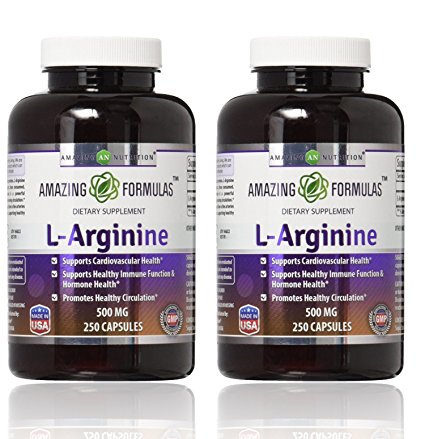 Amazing Formulas L-Arginine 500 mg Supplement - Best Amino Acid Arginine HCL Supplements for Women & Man - Promotes Circulation and Supports Cardiovascular Health - (2 Pack)