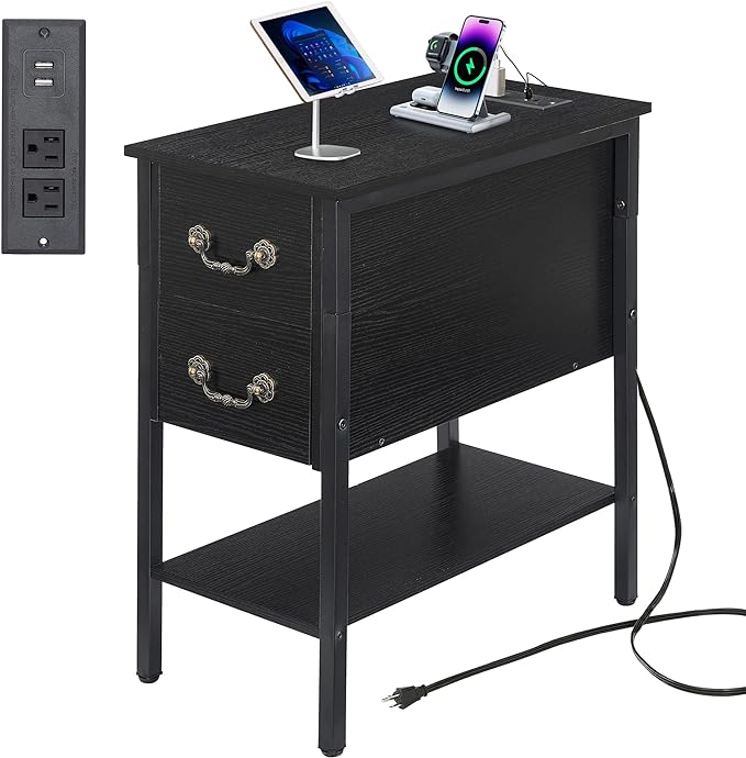 VECELO End Tables,Narrow Nightstands with Charging Station & USB Ports &Drawers,Night Stand for Living Room, Bedroom, 1 Pack, Black