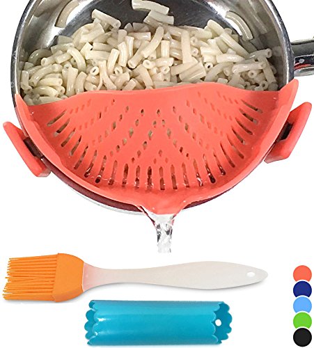 Clip-on kitchen food strainer for spaghetti, pasta, ground beef grease and more, colander and sieve snaps on bowls, pots and pans, Set includes silicone brush & garlic peeler by Salbree, Red
