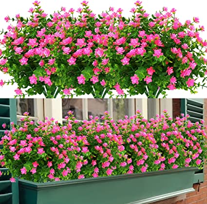TEMCHY 8 Bundles Outdoor Artificial Fake Flowers No Fade UV Resistant Faux Plastic Plants for Hanging Planter Patio Yard Wedding Indoor Home Kitchen Farmhouse Décor (Pink)