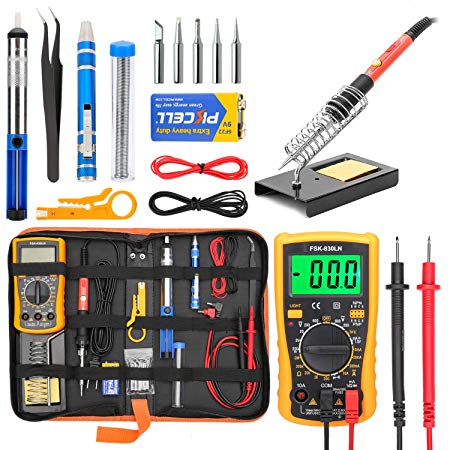 Soldering Iron Kit Electronics, Yome 19-in-1 60w Adjustable Temperature Soldering Iron with ON/OFF Switch, Digital Multimeter, 5pcs Soldering Iron Tips, Desoldering Pump, screwdriver, Tweezers, Stand