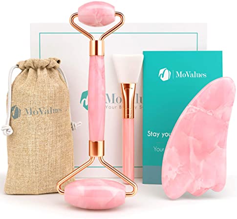 Original Jade Roller and Gua Sha Set - Jade Roller For Face - Face Roller: 100% Natural Rose Quartz - Face Massager for Wrinkles, Anti Aging Facial Roller - Authentic, Durable, Noiseless Design