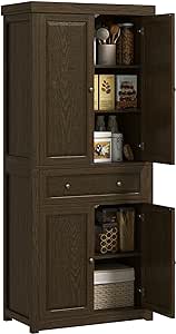 HOMCOM 72.5" Tall Farmhouse Kitchen Pantry Storage Cabinet, Freestanding Kitchen Cabinet with 4 Doors, Drawer and Adjustable Shelves for Dining Room, Distressed Espresso
