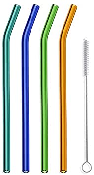 Hummingbird Glass Straws Extra Long 12 inches x 9.5 mm Reusable Straws (4 pack of Orange-Blue-Green-Teal)