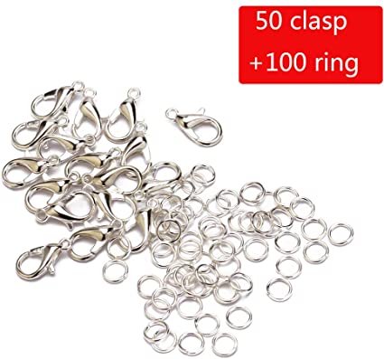 Tiparts Jewelry Findings Kit - 50 pcs Lobster Claw Clasps and 100 pcs Open Jump Rings for Jewelry Making Supplies (Silver, Clasp:10x5mm Ring:0.5x4mm)