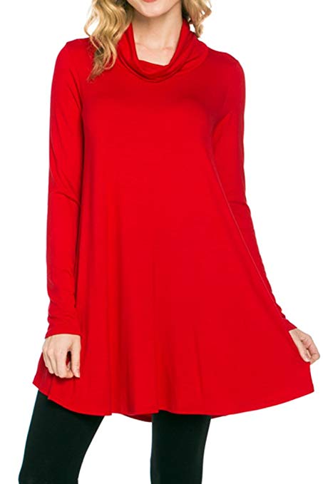 Azules Women's Basic A-line Loose Turtleneck Long Sleeve Tunic Top