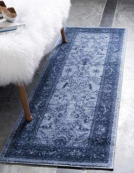 Unique Loom La Jolla Collection Tone-on-Tone Traditional Blue Runner Rug (3' x 10')