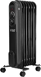 Russell Hobbs 1500W/1.5KW Oil Filled Radiator, 7 Fin Portable Electric Heater - Black, Adjustable Thermostat with 3 Heat Settings, Overheat Protection, 15m sq Room Size, 2 Year Guarantee RHOFR7004B