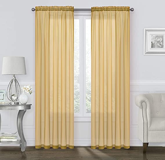 GoodGram 2 Pack: Basic Rod Pocket Sheer Voile Window Curtain Panels - Assorted Colors & Sizes (Gold, 45 in. Long Pair)