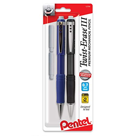 Pentel Twist-Erase III Automatic Pencil with 2 Eraser Refills, 0.7mm, Assorted Barrels, 2 Pack (QE517BP2-K6)