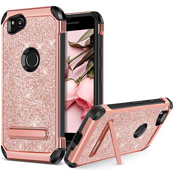 BENTOBEN Case for Google Pixel 2, Protective Shockproof Kickstand Cell Phone Case Pretty Luxury Glitter Bling Cases 2 in 1 Heavy Duty Soft TPU Hard PC Sparkle Cover for Girls Women, Rose Gold