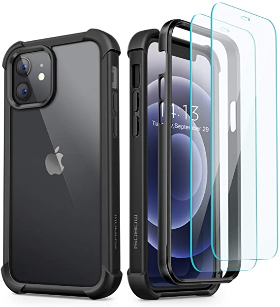 MOBOSI Compatible with iPhone 12 Case/iPhone 12 Pro Case, with [2 Tempered Glass Screen Protectors] Clear Bumper Case Full-Body Shockproof Drop Protective Phone Cover Case - Black