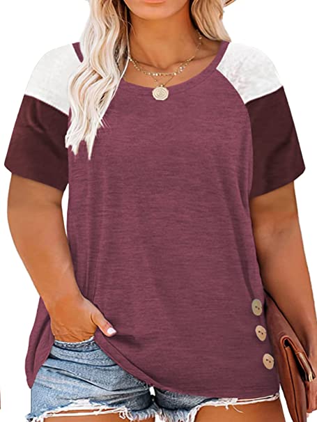 DOLNINE Womens-Plus-Size-Tops-Summer V Neck T Shirts Side Split Tunics Tees