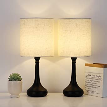 Bedside Table Lamps Set of 2, Desk Modern Nightstand Lamps with Black Metal Base Fabric Lamp Shade for Bedrooms, Living Room (Without Bulb)