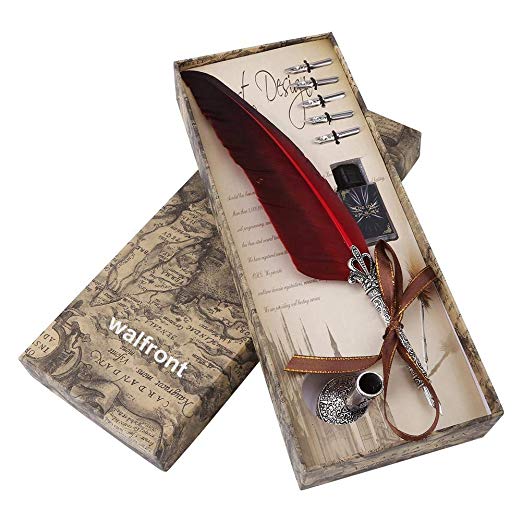 Feather Quill Pen Set, Dip Pen with Nibs and Ink Bottle(Not Ink) 5 Nibs Calligraphy Pen in Gift Box (Red)