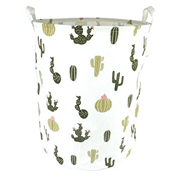 19.7" Large Sized Waterproof Coating Ramie Cotton Fabric Folding Laundry Hamper Bucket Cylindric Burlap Canvas Storage Basket with Stylish Cactus Design
