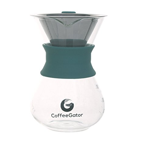 BEST Pour Over Coffee Maker For Perfect Drip Coffee. 1-2 Cup 10z Carafe by Coffee Gator with Permanent Stainless Steel Filter - Never buy another paper filter again!