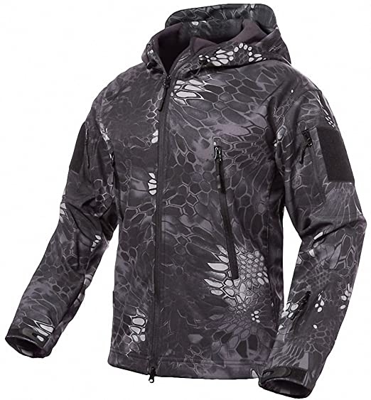 Spring Fever Mens All Season Military Tactical Outdoor Soft Shell Waterproof Working Hiking Hooded Camouflage Coat Jacketoat Python Black X-Large