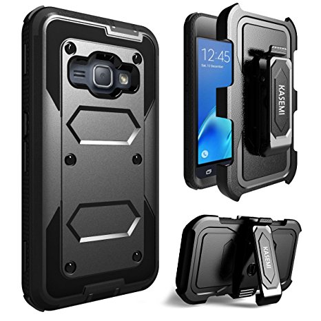 Galaxy J1 2016 Case,Samsung Galaxy Amp 2 Case, Galaxy Express 3 Case, KASEMI [Built in Screen Protector] Heavy Duty Protection Dual Layer Locking Belt Swivel Clip Holster with Kickstand -Black