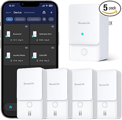 GoveeLife Water Leak Detector, LoRa Water Sensor Alarm Monitor Up to 1312ft Open-Air Range, Alexa, App, Email Notifications, Detector Protection for Your Home, Kitchen Sink, Bathroom, Basement