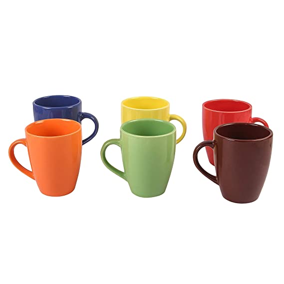 Anwaliya Fauna Tapered Ceramic Coffee Mugs, 250 ml, Set of 6, Glossy Multi Colour
