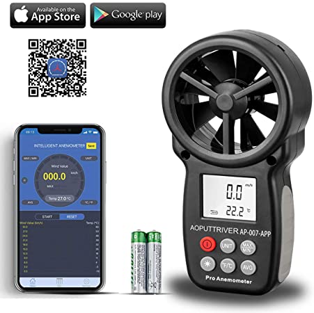Bluetooth Anemometer Handheld Wireless Anemometer Wind Speed Meter Measuring Wind Speed/Temperature with Backlit and Max/Min/AVG for Shooting, Sailling, Flying, Climbing, Hvac-AP-007APP