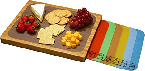 Seville Classics Bamboo Premium Wood Cutting Board Serving Tray w/ 7 Color-Coded BPA-Free Mats, for Chopping Bread, Cheese, Fruits, Vegetables, Meats, Charcuterie (Patented), Bamboo (New Model)