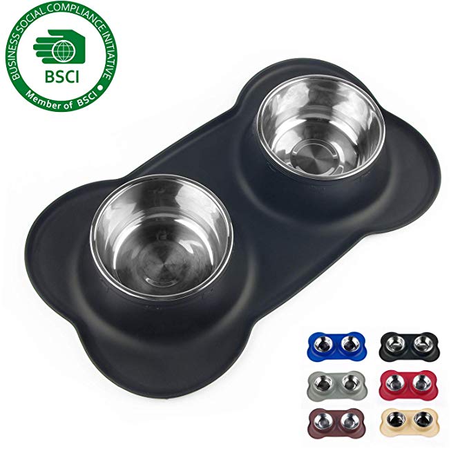 Sequoialake Dog Bowls with Anti-Overflow and Anti-Skid Silicone Dog Food Mat, Stainless Steel Antibacterial Feeder Easy to Clean for Small Medium Large Dogs Cats Pets