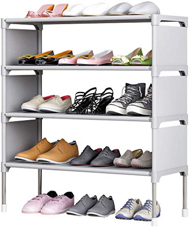 TZAMLI 4-Tier Free Standing Shoe Rack 12 Pairs Non-Woven Fabric of Shoes Organizer in Closet Entryway Hallway,Anti-Rust, Metal Frame and Fabric Shelves,22.8 x 10.6 x 25.2'' (Gray)