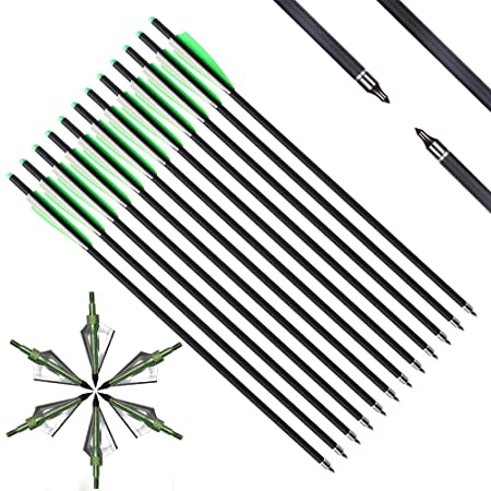 IRQ 20 Inch Crossbow Bolts and Crossbow Broadheads Set, Carbon Crossbow Arrows for Hunting and Outdoor Practice, 12 Red Arrows, 6 Broadheads(18 Pack)