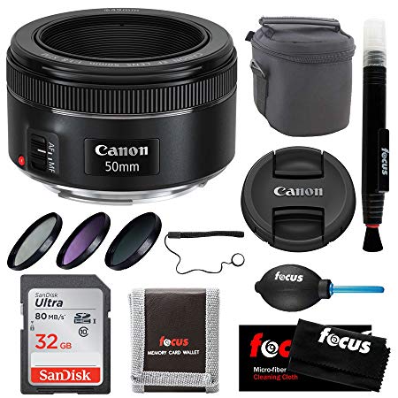 Canon EF 50mm f/1.8 STM Standard Prime Lens with Deluxe Bundle Including: 49mm Filter Kit (UV-CPL-ND), 32GB Memory Card, Quality Lens Case & More Cleaning and Care Accessories