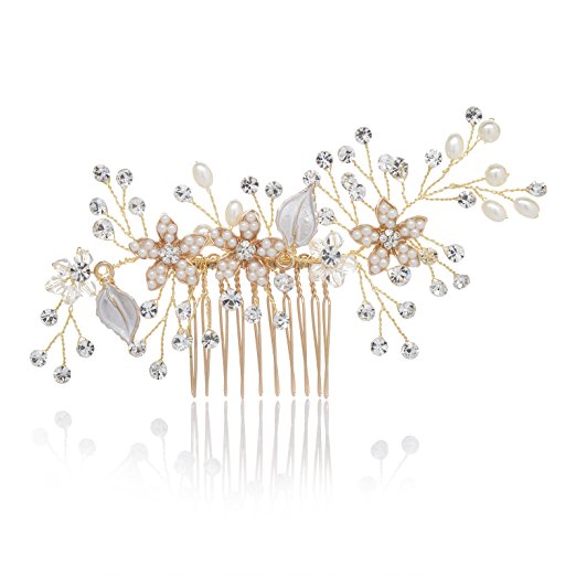 SWEETV Handmade Wedding Hair Comb Pearl Flower Bridal Comb Rhinestone Hair Accessories, Gold