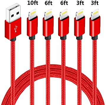 5pack,(3ft,3ft,6ft,6ft,10ft),MFi Certified iPhone Charger Lightning Cable High Speed Nylon Braided USB Fast Charging&Data Syncs Cord Compatible iPhone 11 Pro Xs MAX XR 8 8 Plus 7 7 Plus 6s (RED)