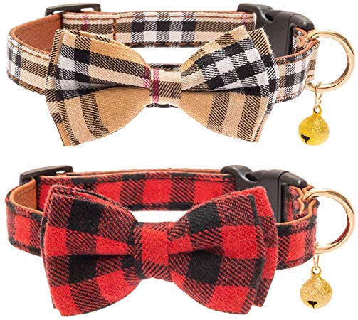 CHERPET Plaid Dog Collar with Bell - Bow Tie Cute Safety Collars Adjustable Soft Lightweight Comfortable Collars for Puppies/Small Dogs,2 pcs/Set