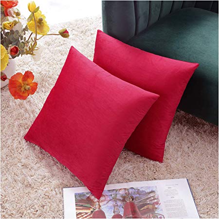 COMFORTLAND 20 x 20 Pillow Covers Decorative Pack of 2 Solid Soft Velvet Throw Pillow Cases for Christmas Square Cushion Covers for Farmhouse Indoor Bedroom Sofa Couch Bed Kids,Red