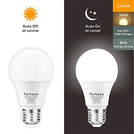 Dusk to Dawn Light Bulb, Automatic On/Off Smart LED Bulb, Built-in Light Sensor, Plug and Play, 9W/A19/E26/120V, Indoor/Outdoor Yard Porch Patio Garage Garden Hallway by TORKASE (Warm White, 2 Pack)