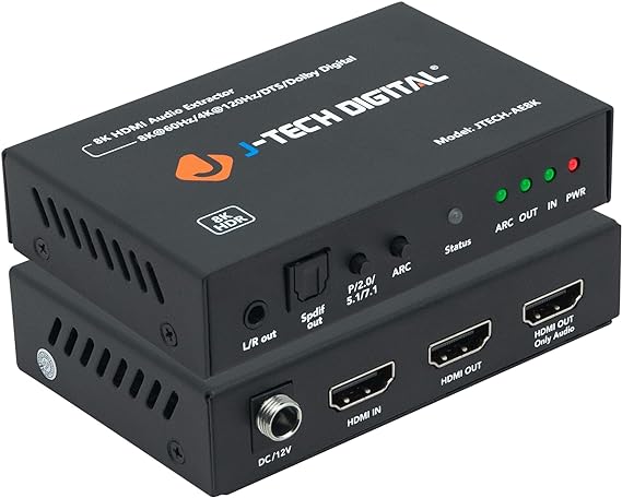 HDMI 2.1 ARC Audio Extractor 4K 120Hz 8K 60Hz, HDMI to HDMI   Optical SPDIF   3.5mm Audio, Compatible with HDR, HDCP 2.3 by J-Tech Digital [JTECH-AE8K]